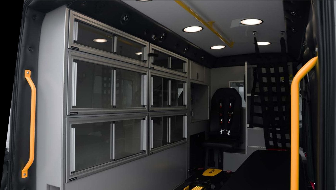 LifeDefender cabinets with polycarbonate doors along the patient compartment wall