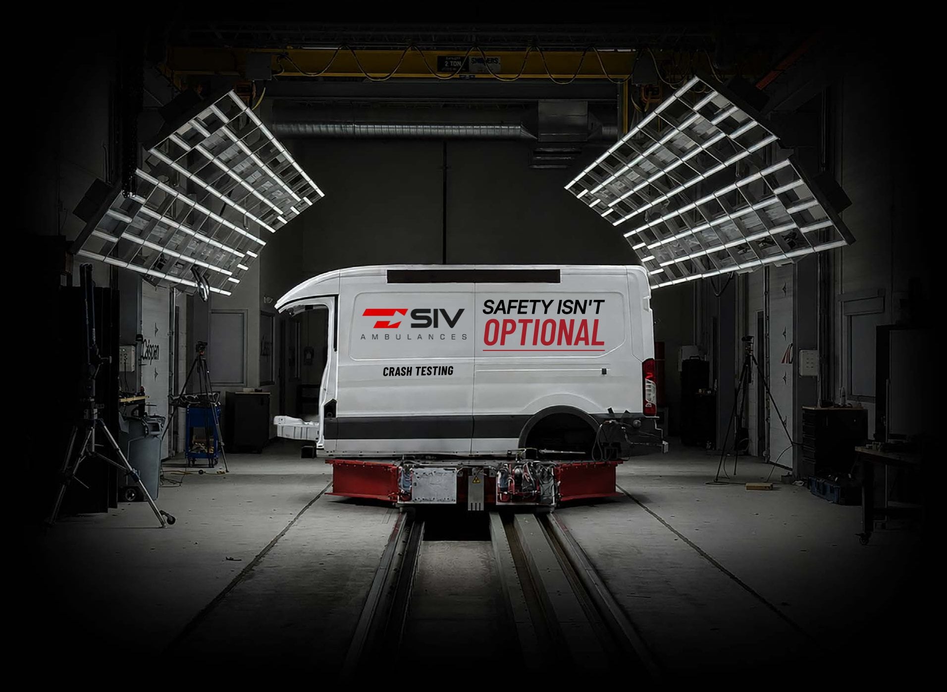 SIV ambulance body mounted on a crash test sled under test lighting