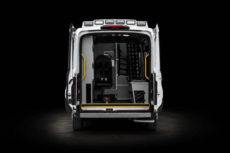 SIV Type II ambulance, rear view with doors open to the patient compartment