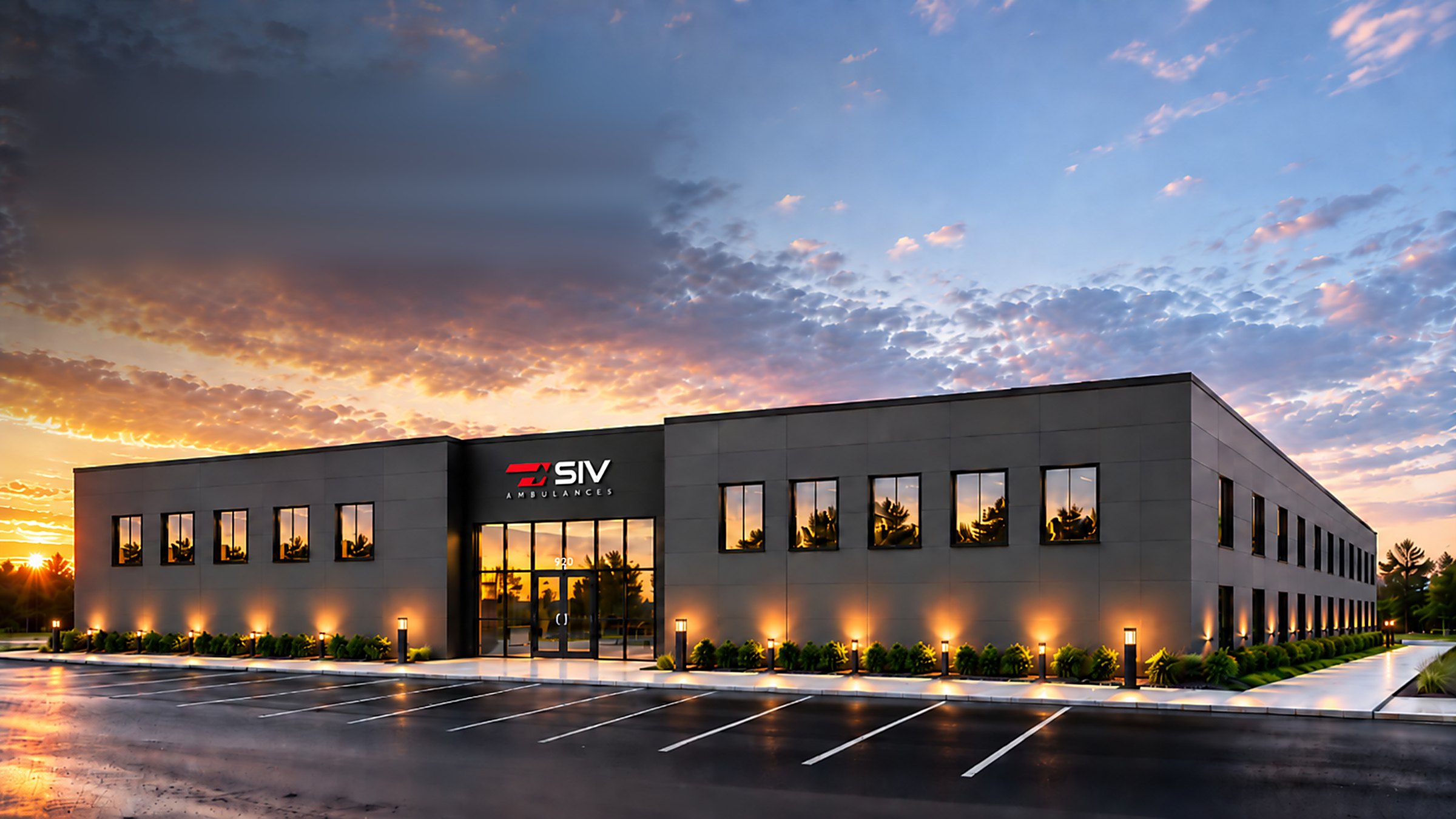 SIV Ambulances manufacturing facility in Langhorne, Pennsylvania at sunset