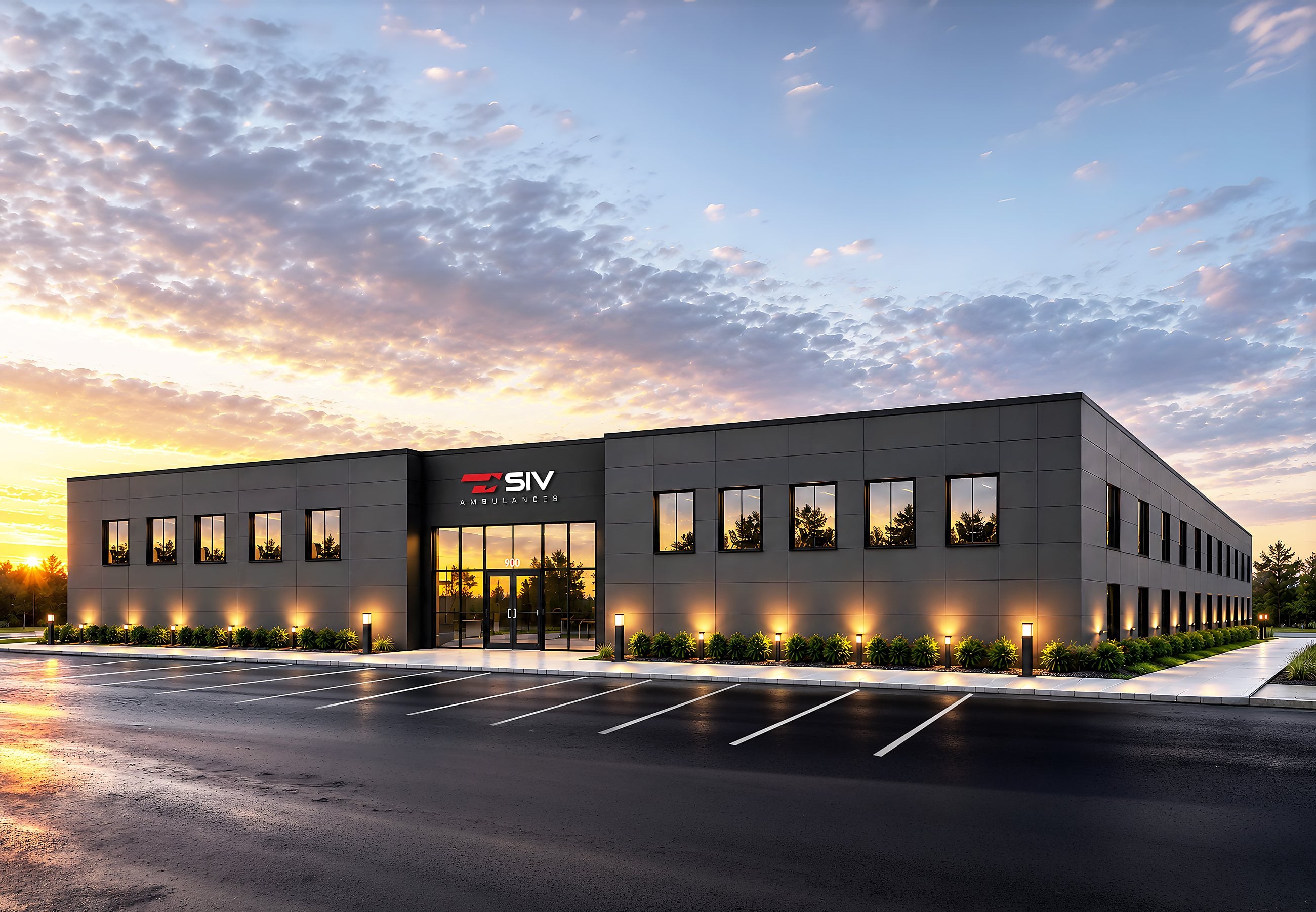SIV Ambulances manufacturing facility in Langhorne, Pennsylvania at sunset